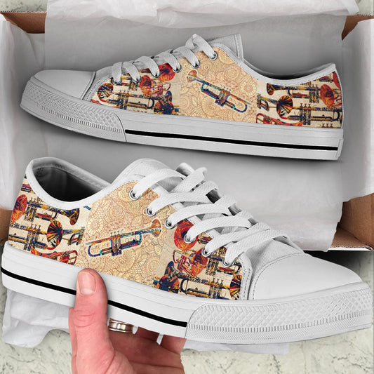 Trumpet Hand Painting Low Top Music Shoes, Canvas Shoes Design, Low Top Sneaker