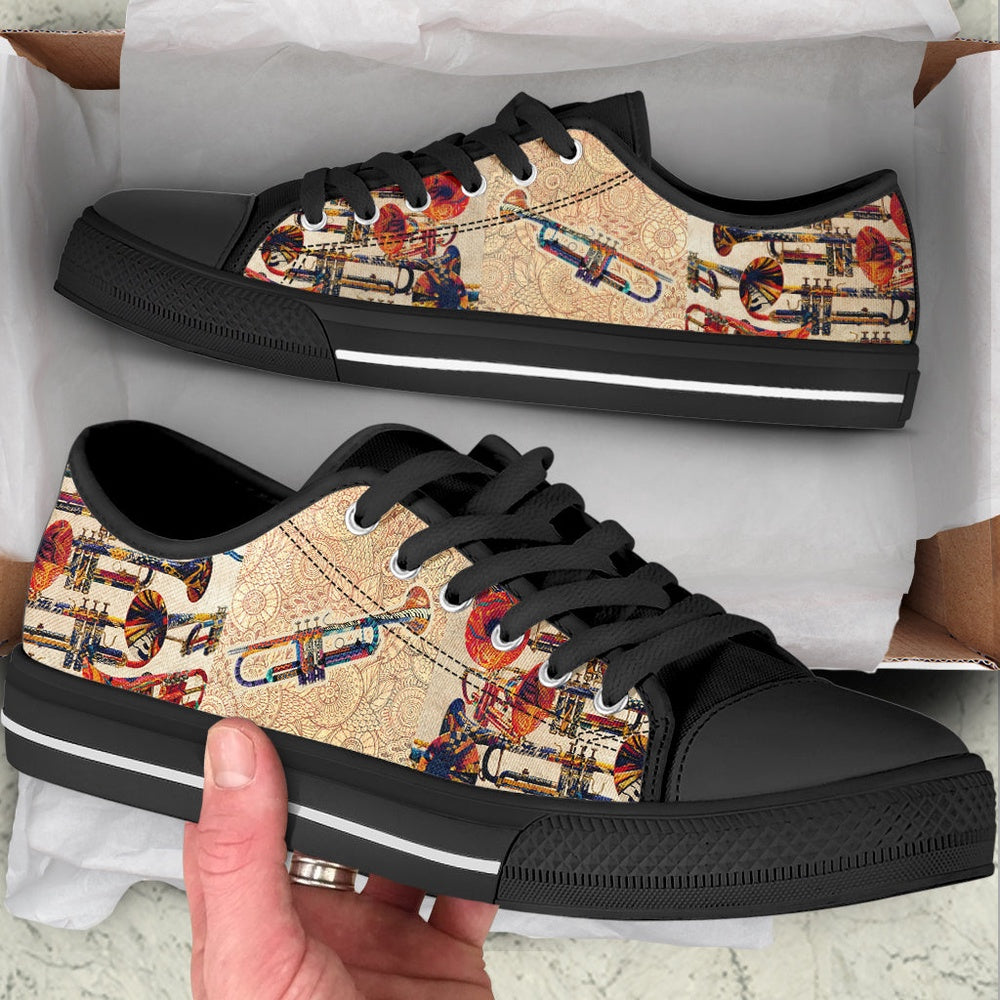 Trumpet Hand Painting Low Top Music Shoes, Canvas Shoes Design, Low Top Sneaker