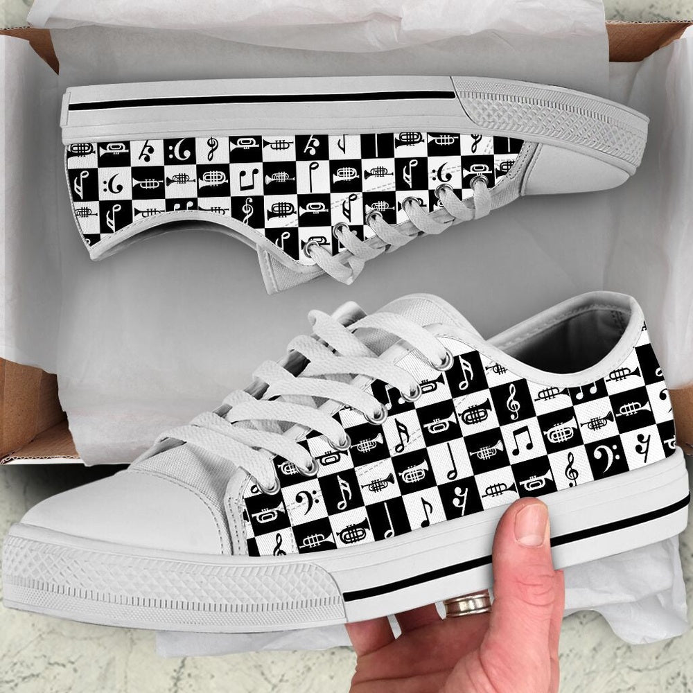 Trumpet Music Black And White Low Top Music Shoes, Canvas Shoes Design, Low Top Sneaker