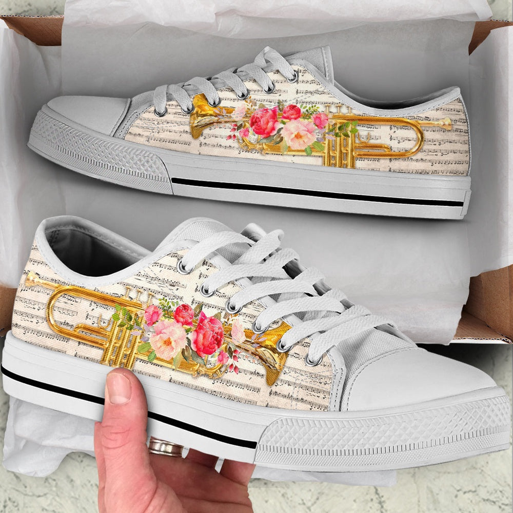 Trumpet Music Flower Low Top Music Shoes, Canvas Shoes Design, Low Top Sneaker