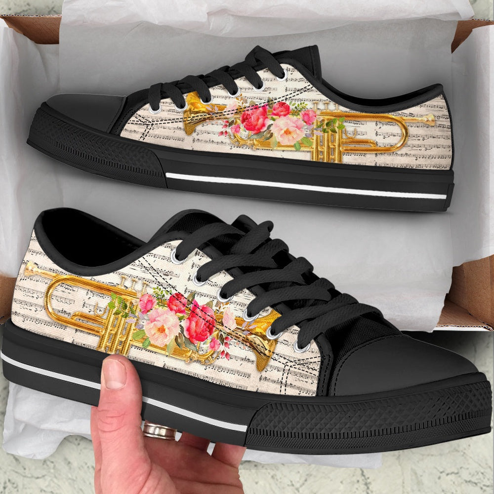 Trumpet Music Flower Low Top Music Shoes, Canvas Shoes Design, Low Top Sneaker
