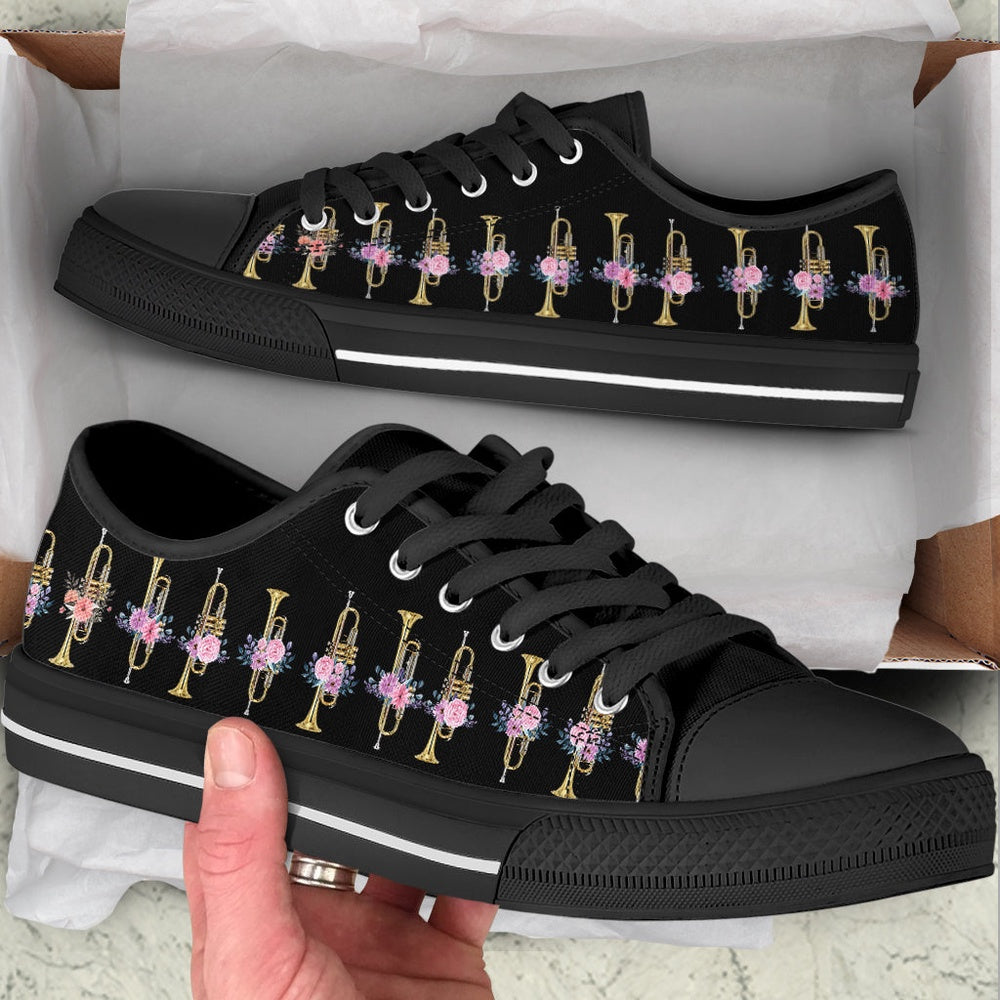 Trumpet Pink Flower Low Top Music Shoes, Canvas Shoes Design, Low Top Sneaker