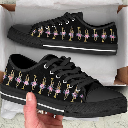 Trumpet Pink Flower Low Top Music Shoes, Canvas Shoes Design, Low Top Sneaker