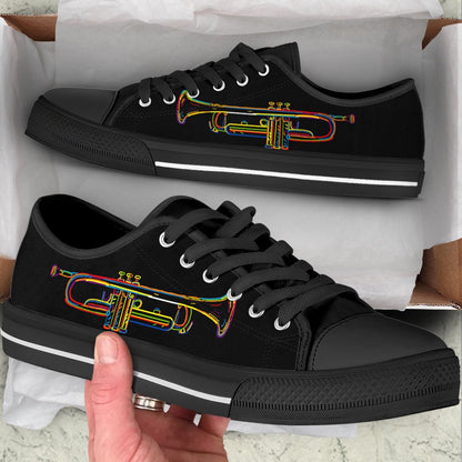Trumpet Sketch Over Black Low Top Music Shoes, Canvas Shoes Design, Low Top Sneaker
