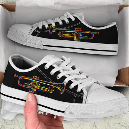 Trumpet Sketch Over Black Low Top Music Shoes, Canvas Shoes Design, Low Top Sneaker