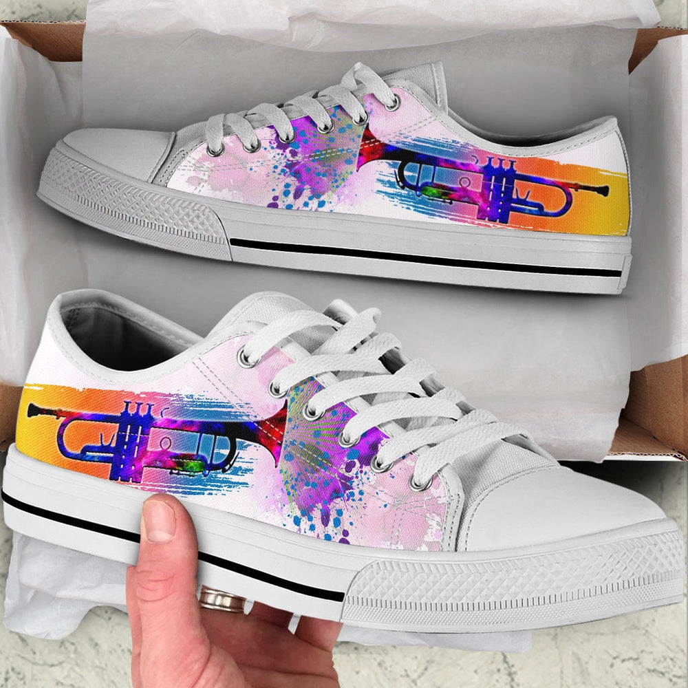 Trumpet Splash Watercolor Low Top Music Shoes, Canvas Shoes Design, Low Top Sneaker