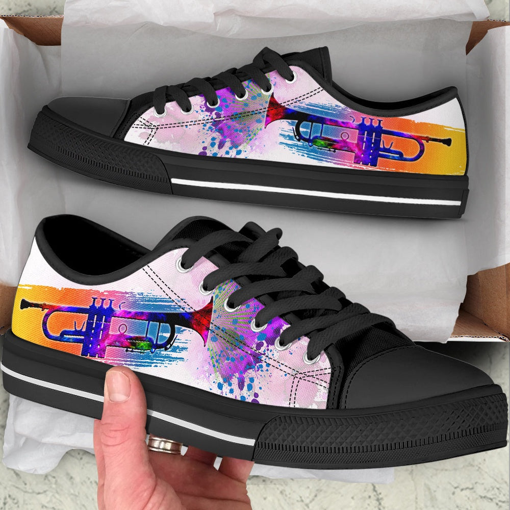 Trumpet Splash Watercolor Low Top Music Shoes, Canvas Shoes Design, Low Top Sneaker