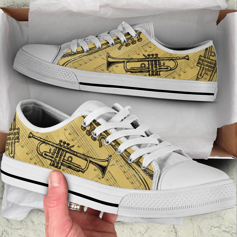 Trumpet Vintage Art Low Top Music Shoes, Canvas Shoes Design, Low Top Sneaker