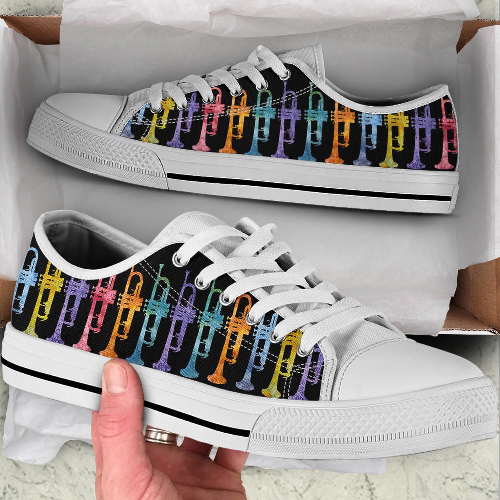 Trumpets Rainbow Watercolor Low Top Music Shoes, Canvas Shoes Design, Low Top Sneaker
