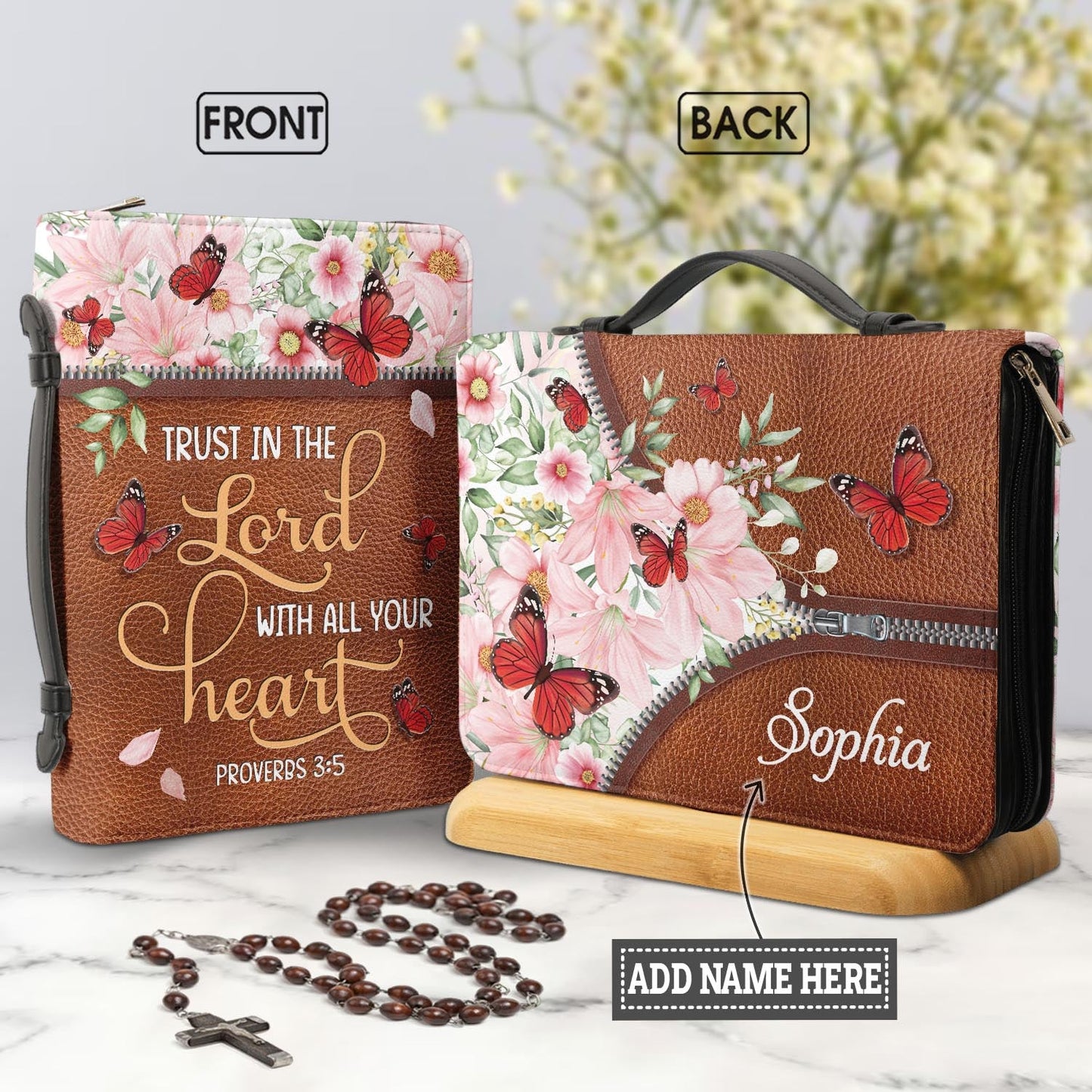 Trust In The Lord Proverbs 3 5 Butterfly Flower Zipper Style Personalized Bible Cover - Christian Bible Covers For Women