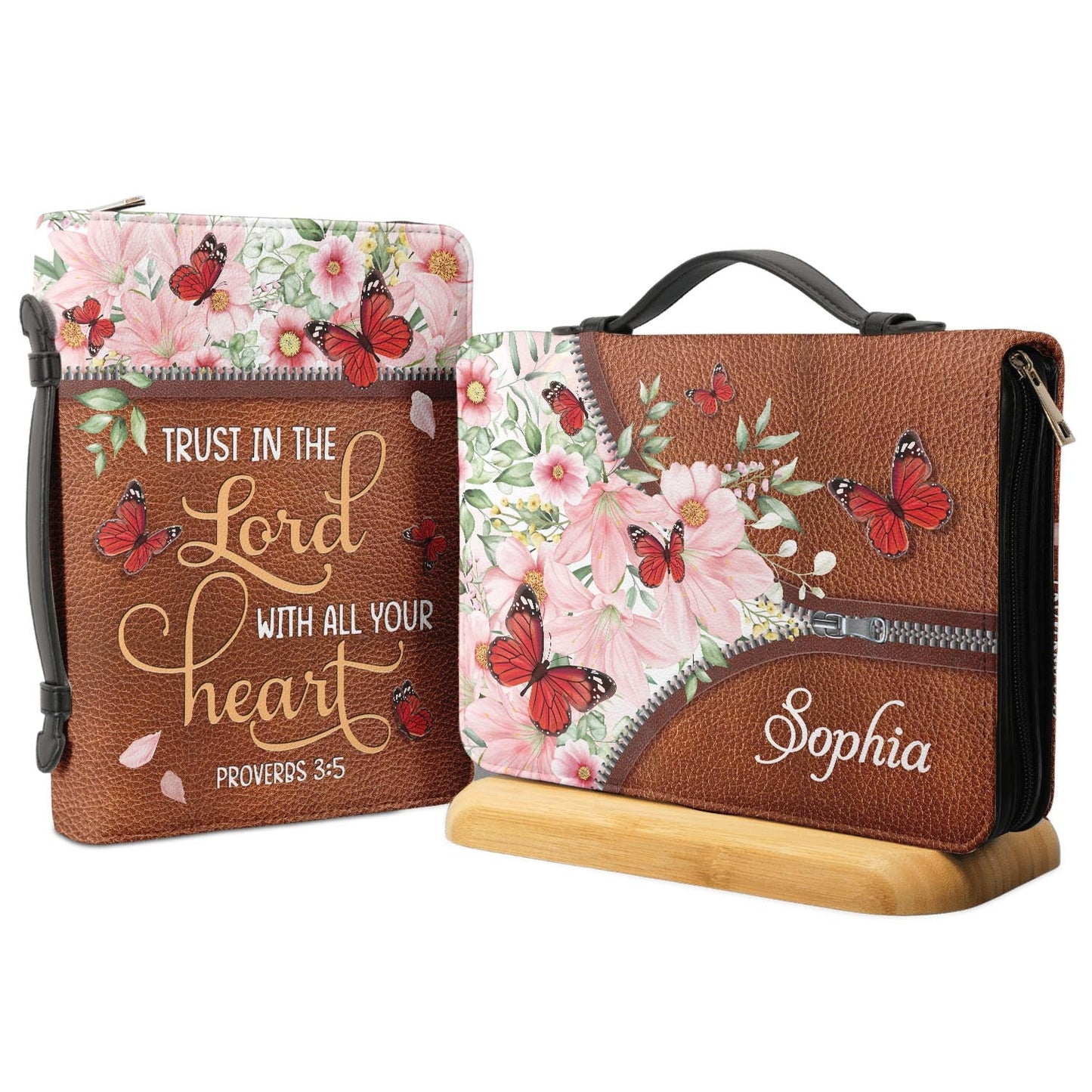 Trust In The Lord Proverbs 3 5 Butterfly Flower Zipper Style Personalized Bible Cover - Christian Bible Covers For Women