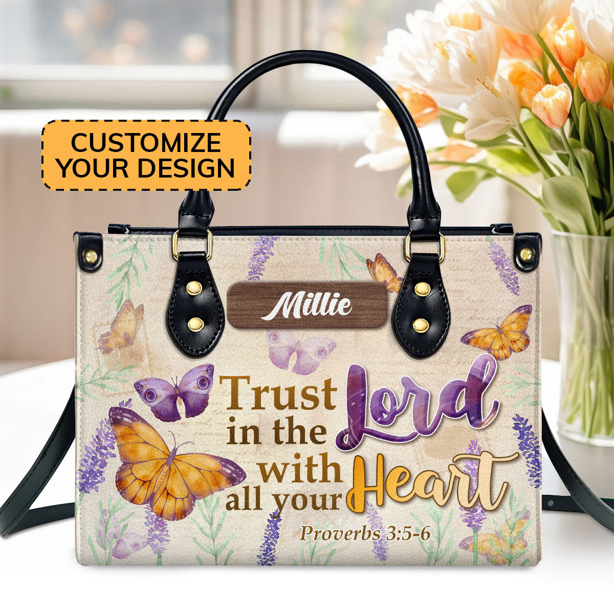 Trust In The Lord With All Your Heart Bufflies Personalized Leather Handbag - Jesus Handbag