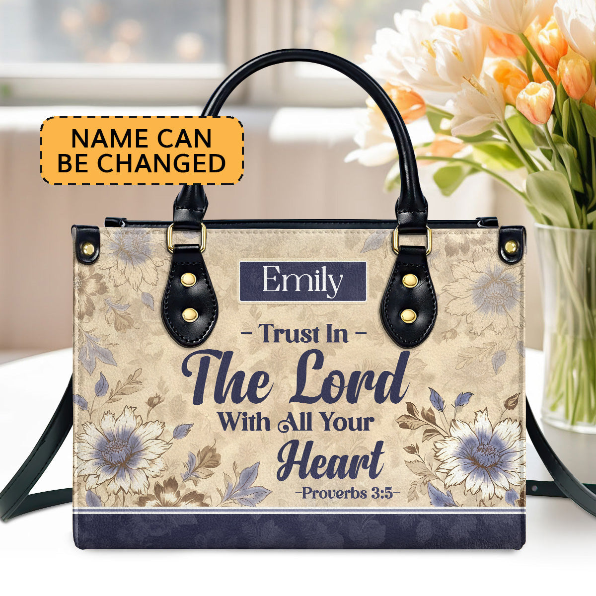 Trust In The Lord With All Your Heart Flower Personalized Leather Handbag - Jesus Handbag