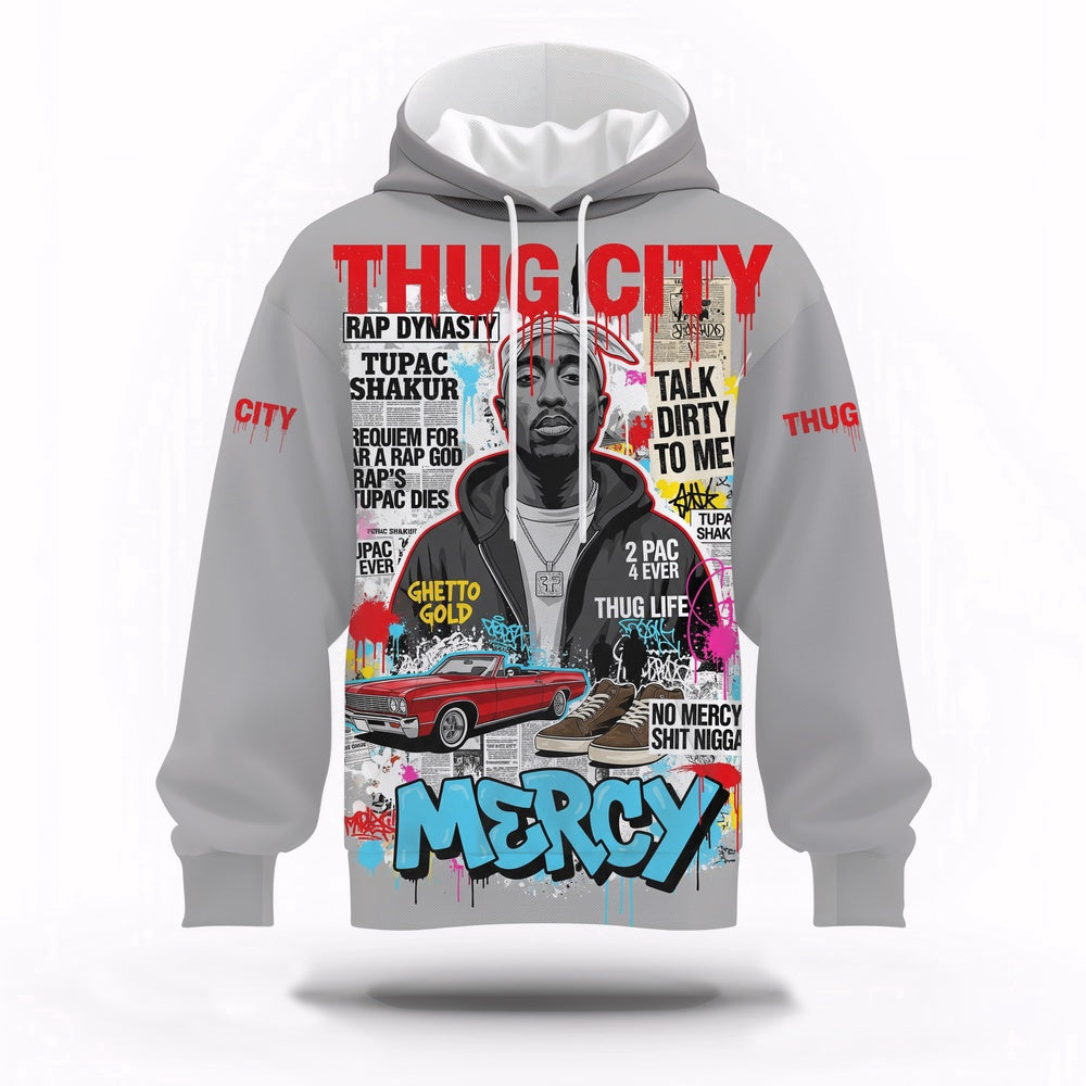 Tupac Shakur Thug City Lowrider Gray Hoodie, Rapper 3D Hoodie, Rap Legends Hoodie