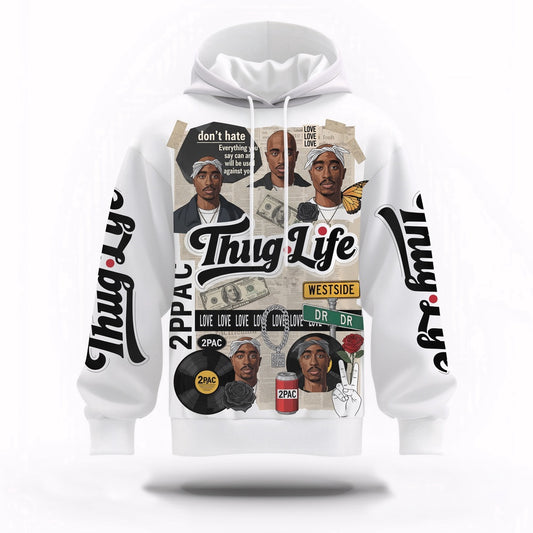 Tupac Thug Life White Collage Hoodie, Rapper 3D Hoodie, Rap Legends Hoodie