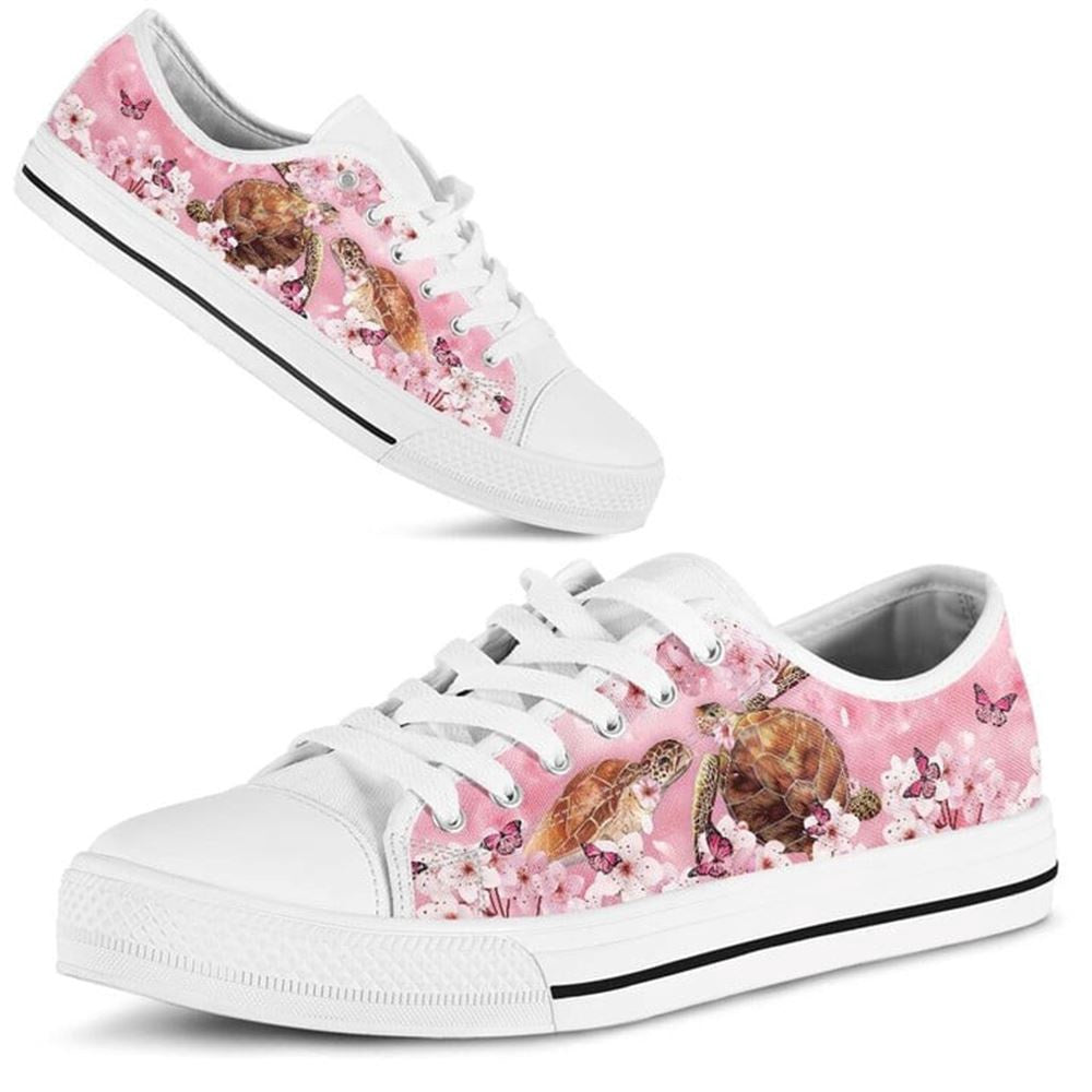 Turtle Cherry Blossom Low Top Shoes, Low Top Sneaker, Low Top Canvas Shoes