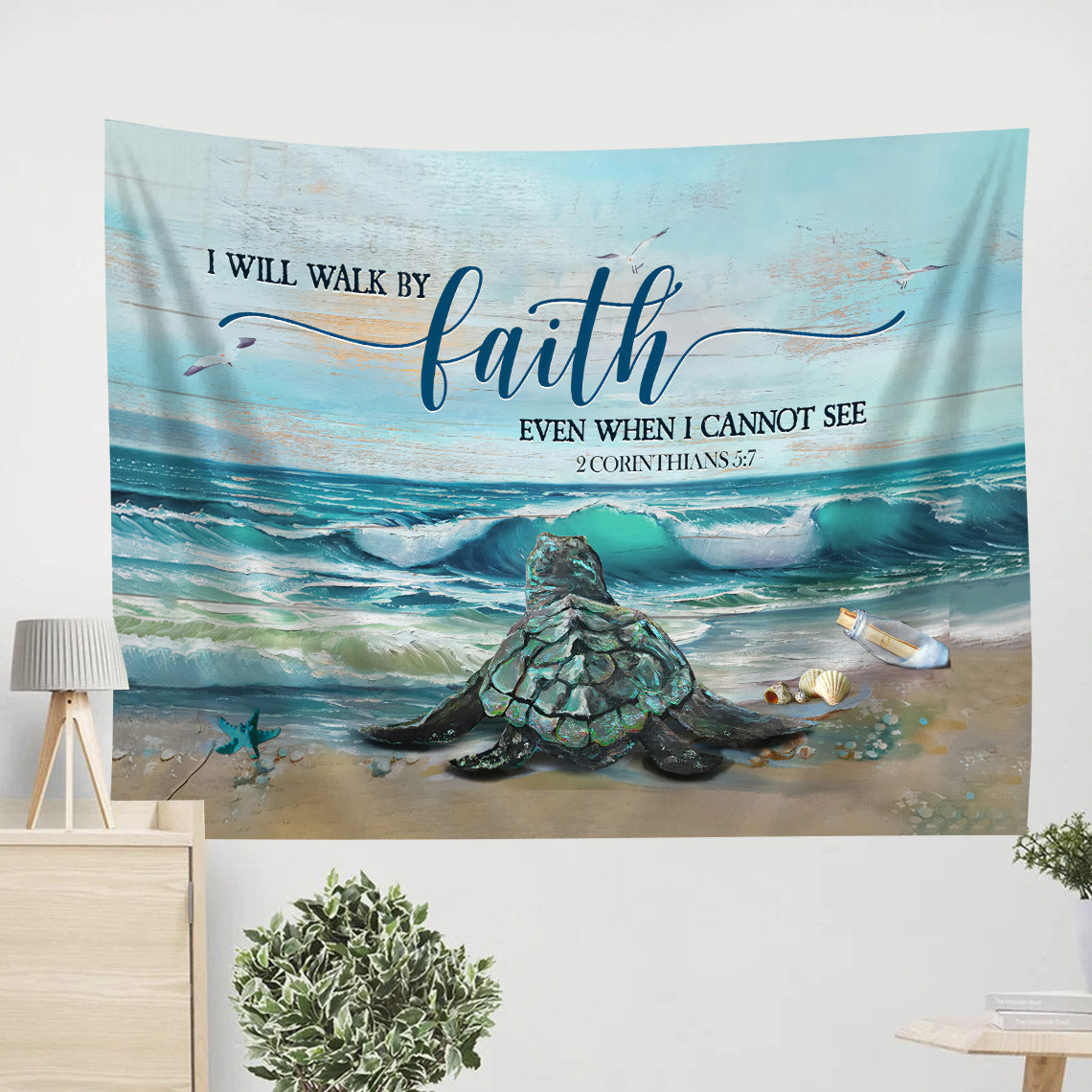 Turtle I Will Walk By Faith Tapestry - Christian Wall Tapestries