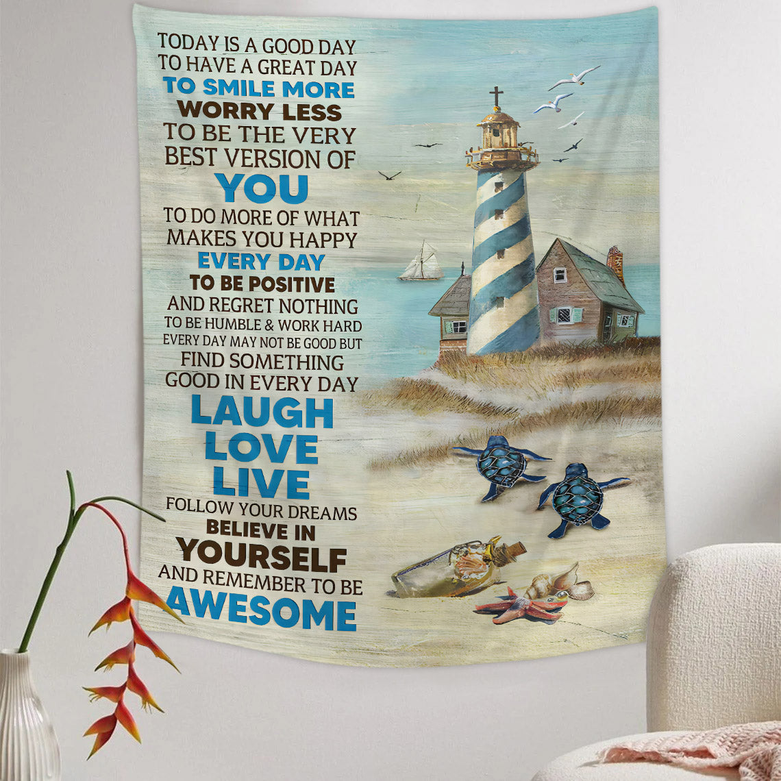 Turtle On Beach Sand - Today Is A Good Day Religious Tapestries - Christian Wall Tapestry Decor
