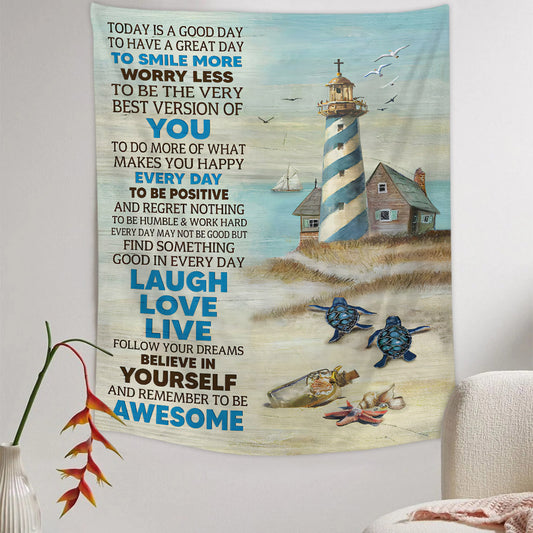 Turtle On Beach Sand - Today Is A Good Day Religious Tapestries - Christian Wall Tapestry Decor