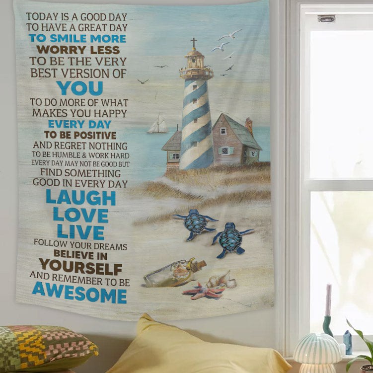 Turtle On Beach Sand - Today Is A Good Day Religious Tapestries - Christian Wall Tapestry Decor