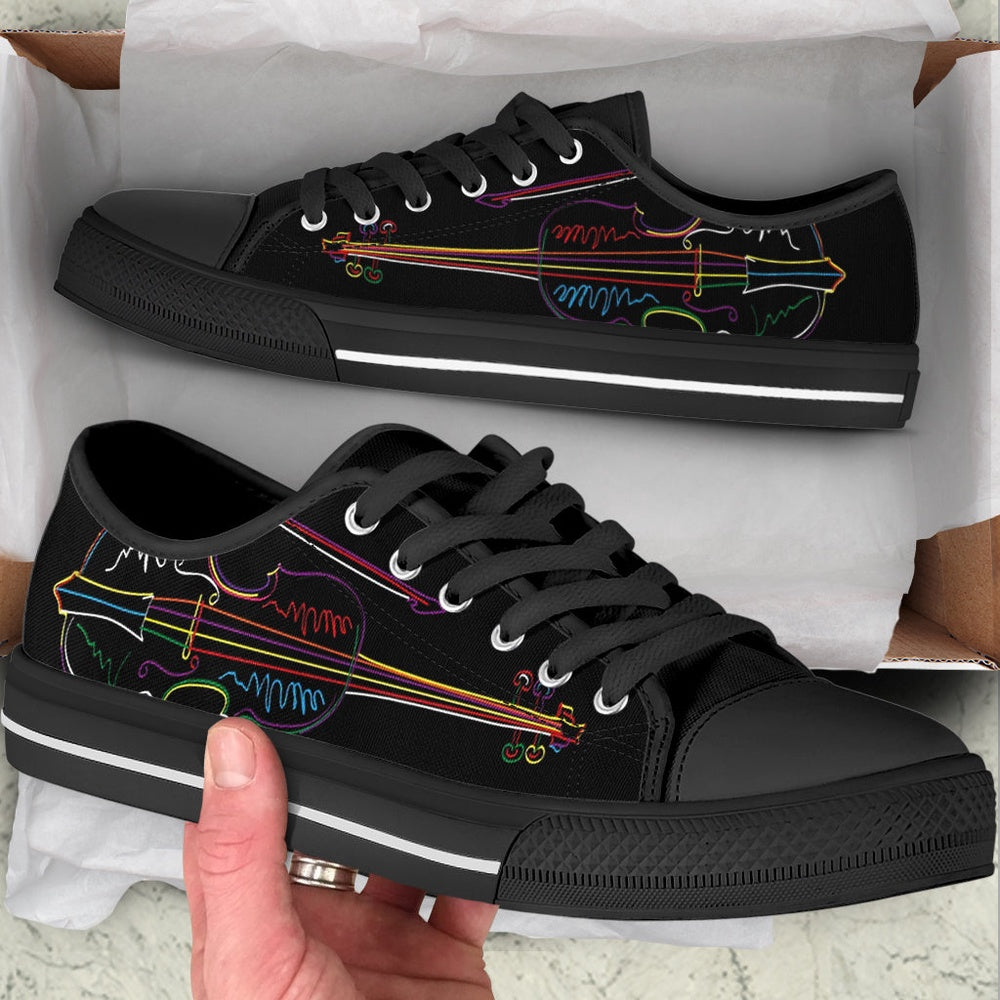 Violin Guitar Sketch Over Black Low Top Music Shoes, Canvas Shoes Design, Low Top Sneaker