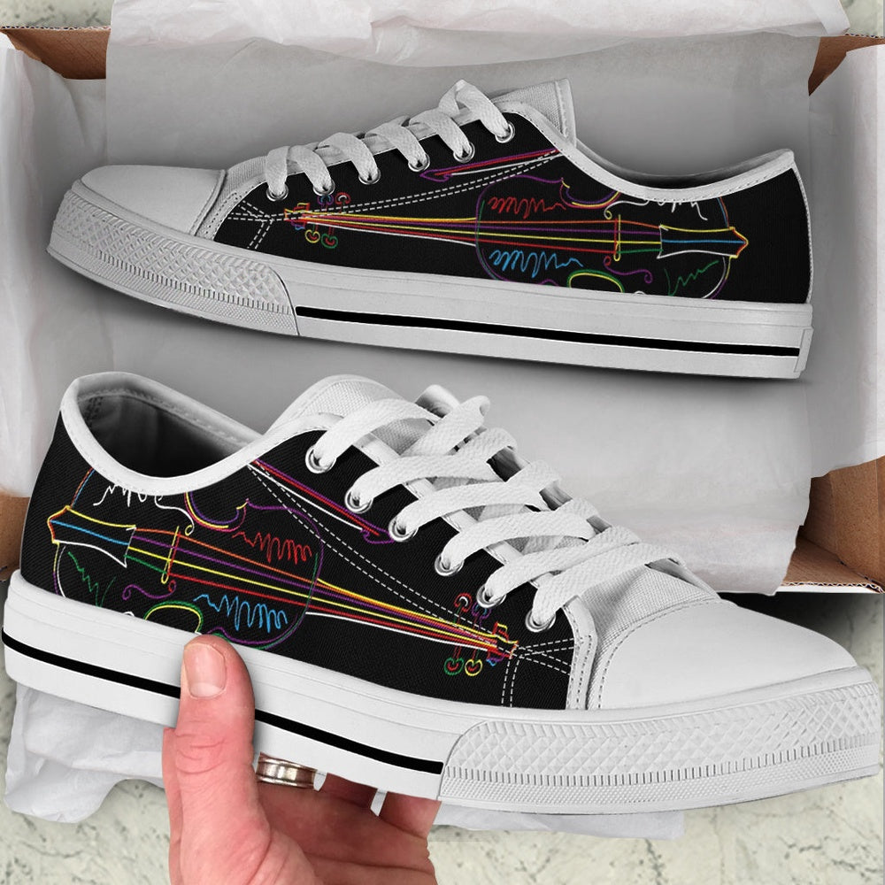 Violin Guitar Sketch Over Black Low Top Music Shoes, Canvas Shoes Design, Low Top Sneaker