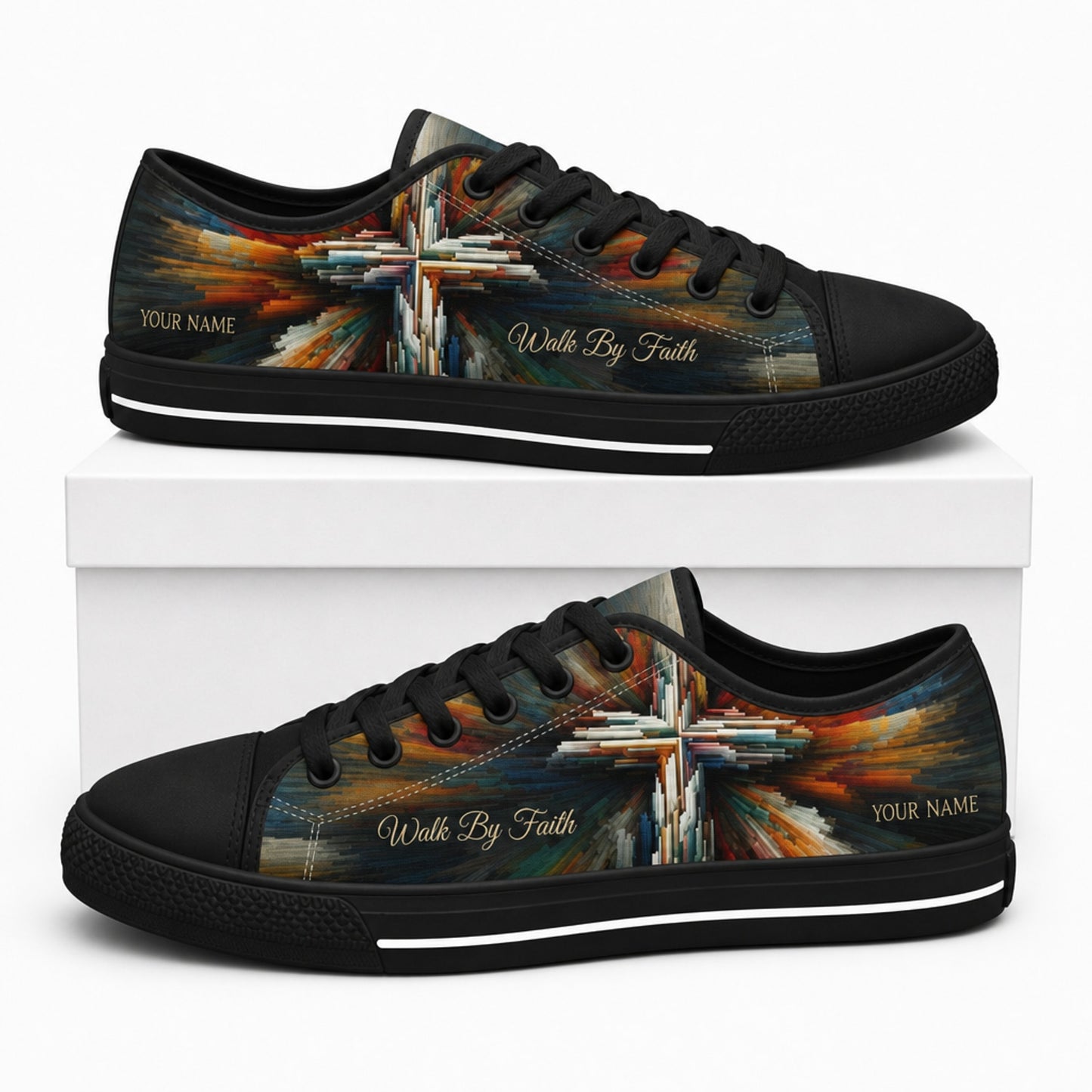 Walk By Faith Cross Artistic Personalized Low Top Shoes box black  