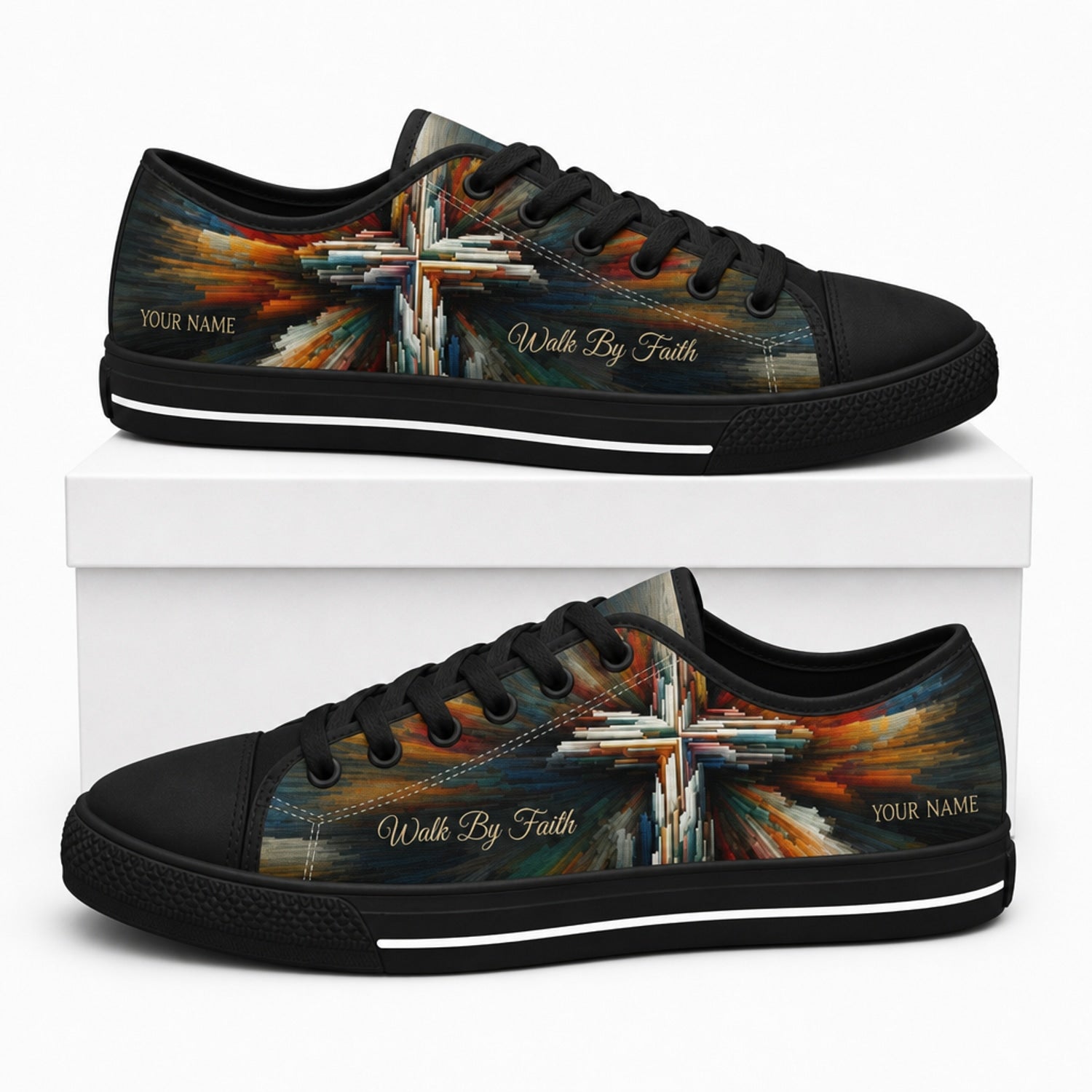 Walk By Faith Cross Artistic Personalized Low Top Shoes box black  