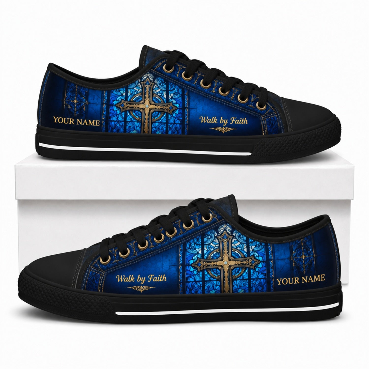 Walk By Faith Cross Graphic God Low Top Shoes box black    
