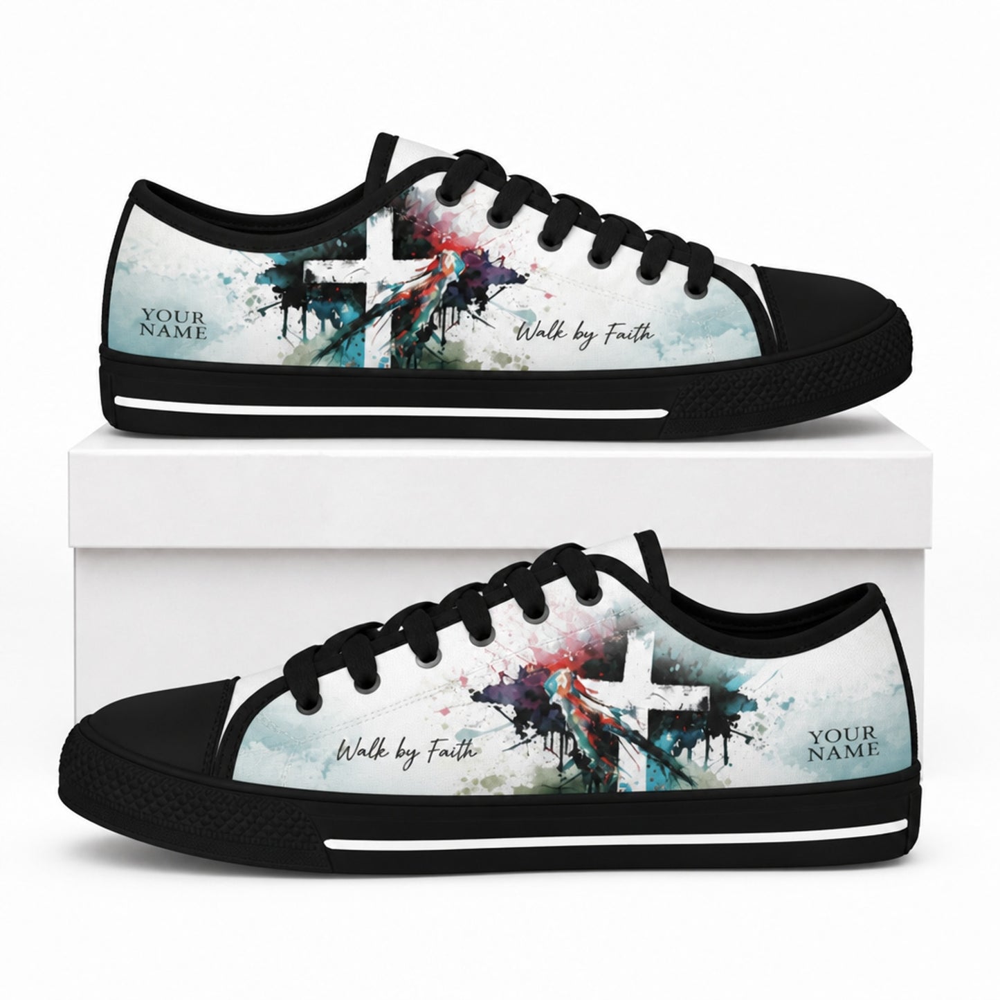 Walk By Faith Cross Modern Custom Low Top Shoes box black  
