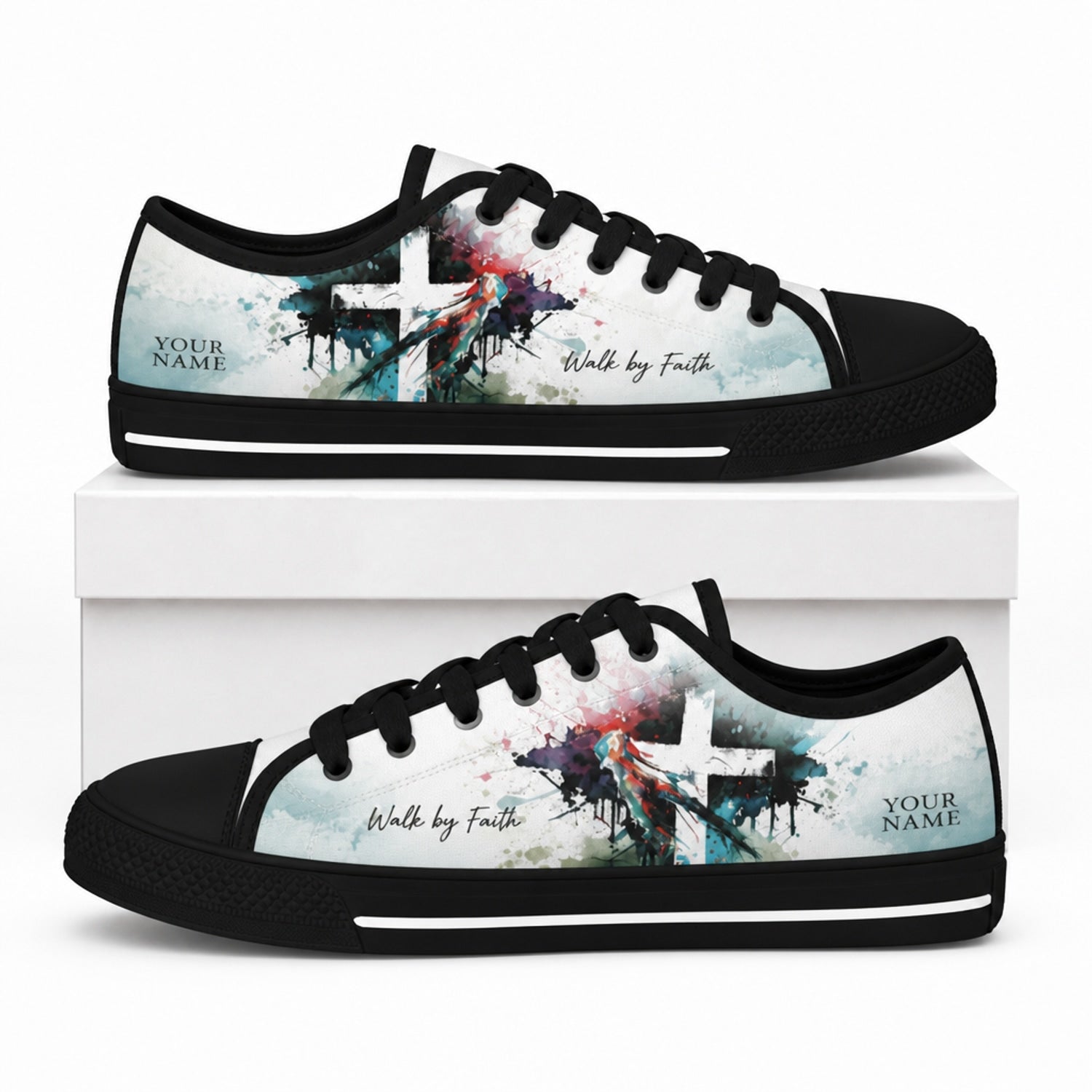 Walk By Faith Cross Modern Custom Low Top Shoes box black  