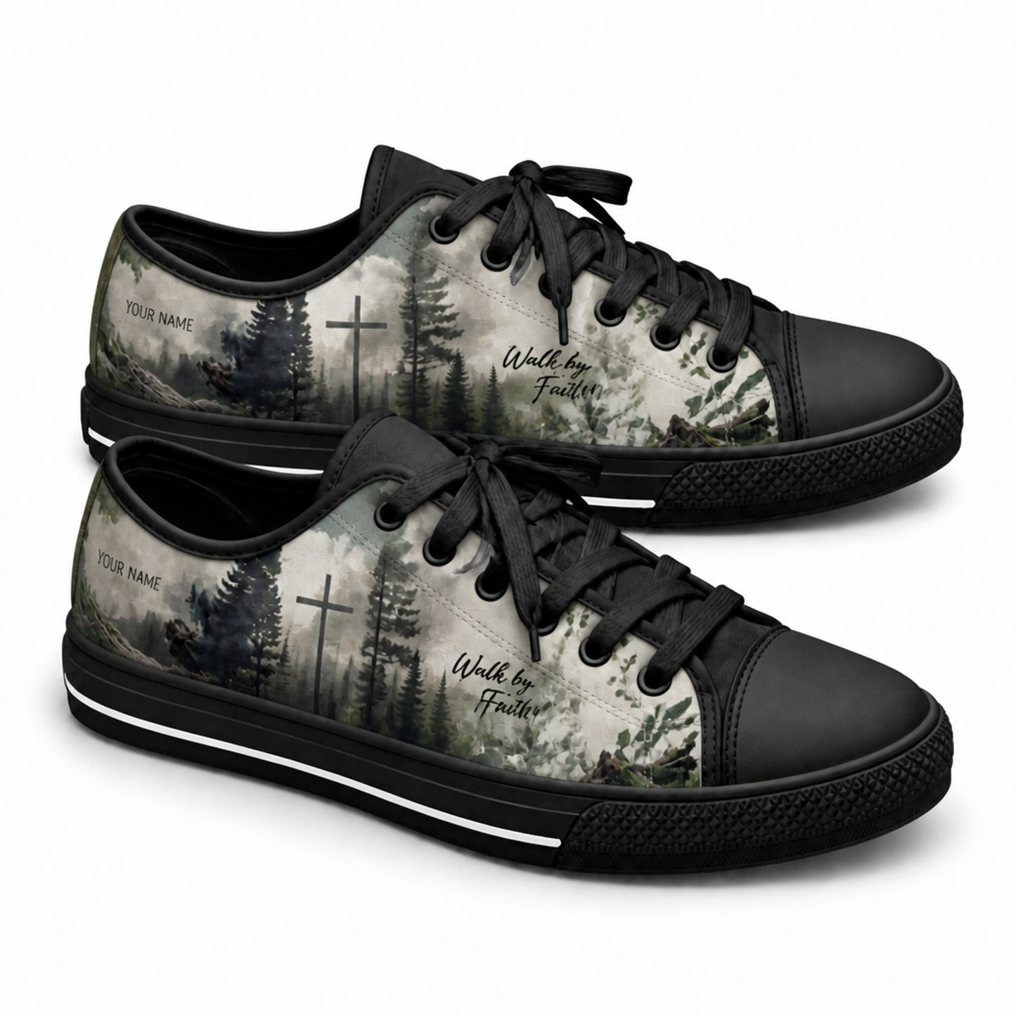 Walk By Faith Cross Nature Personalized Low Top Shoes black shoes  