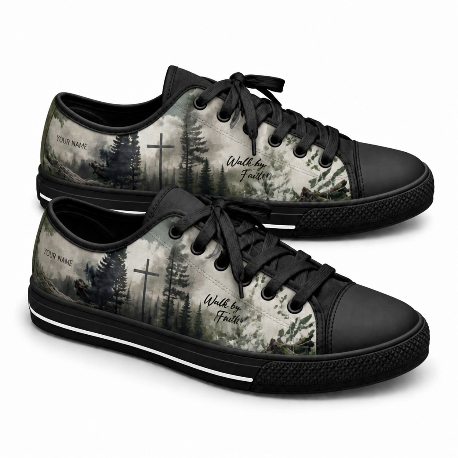 Walk By Faith Cross Nature Personalized Low Top Shoes black shoes  