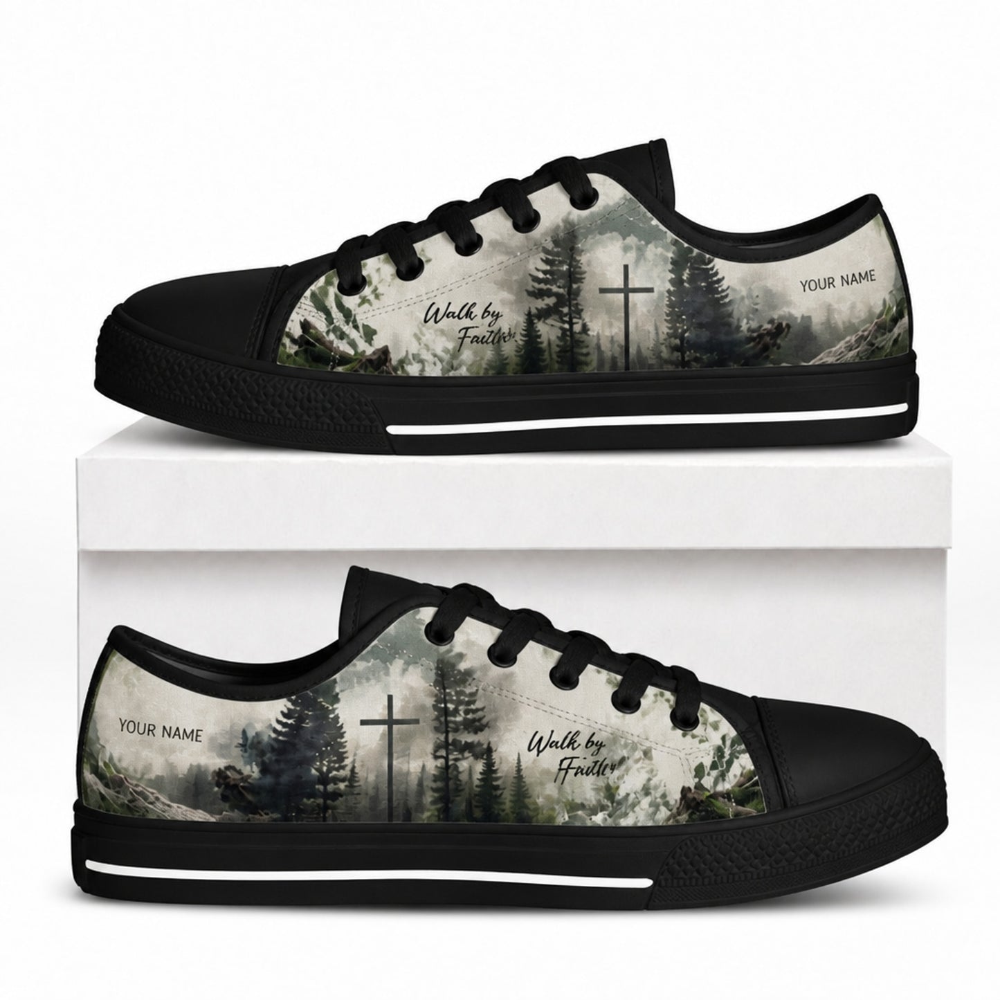 Walk By Faith Cross Nature Personalized Low Top Shoes box black  