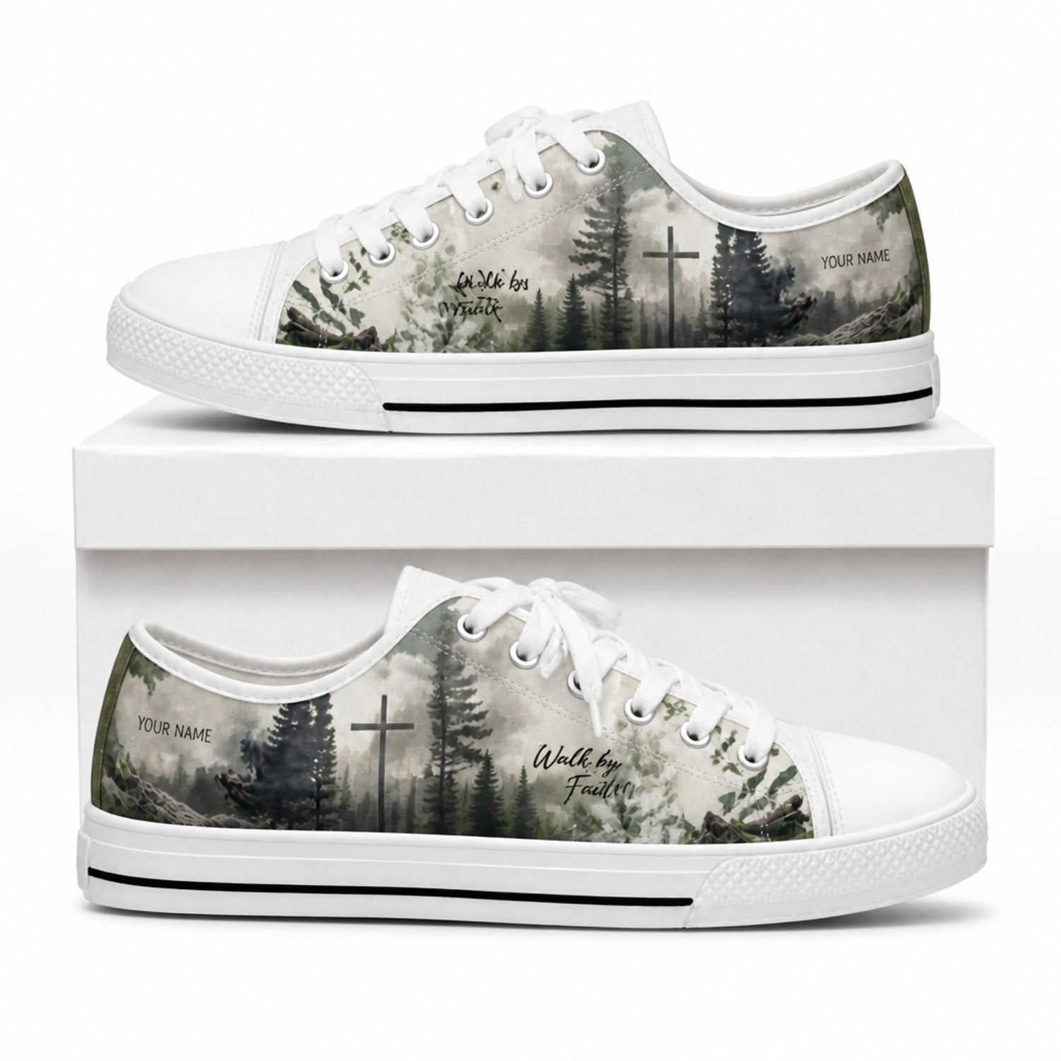 Walk By Faith Cross Nature Personalized Low Top Shoes box white  