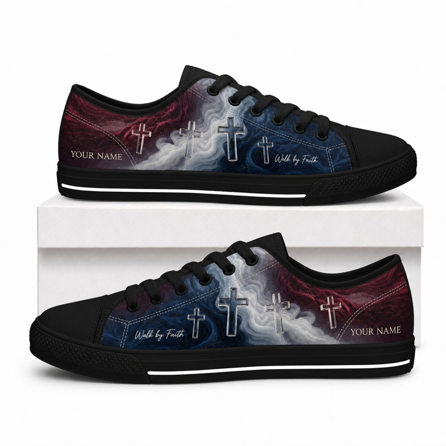 Walk By Faith Crosses Graphic Personalized Low Top Shoes box black  