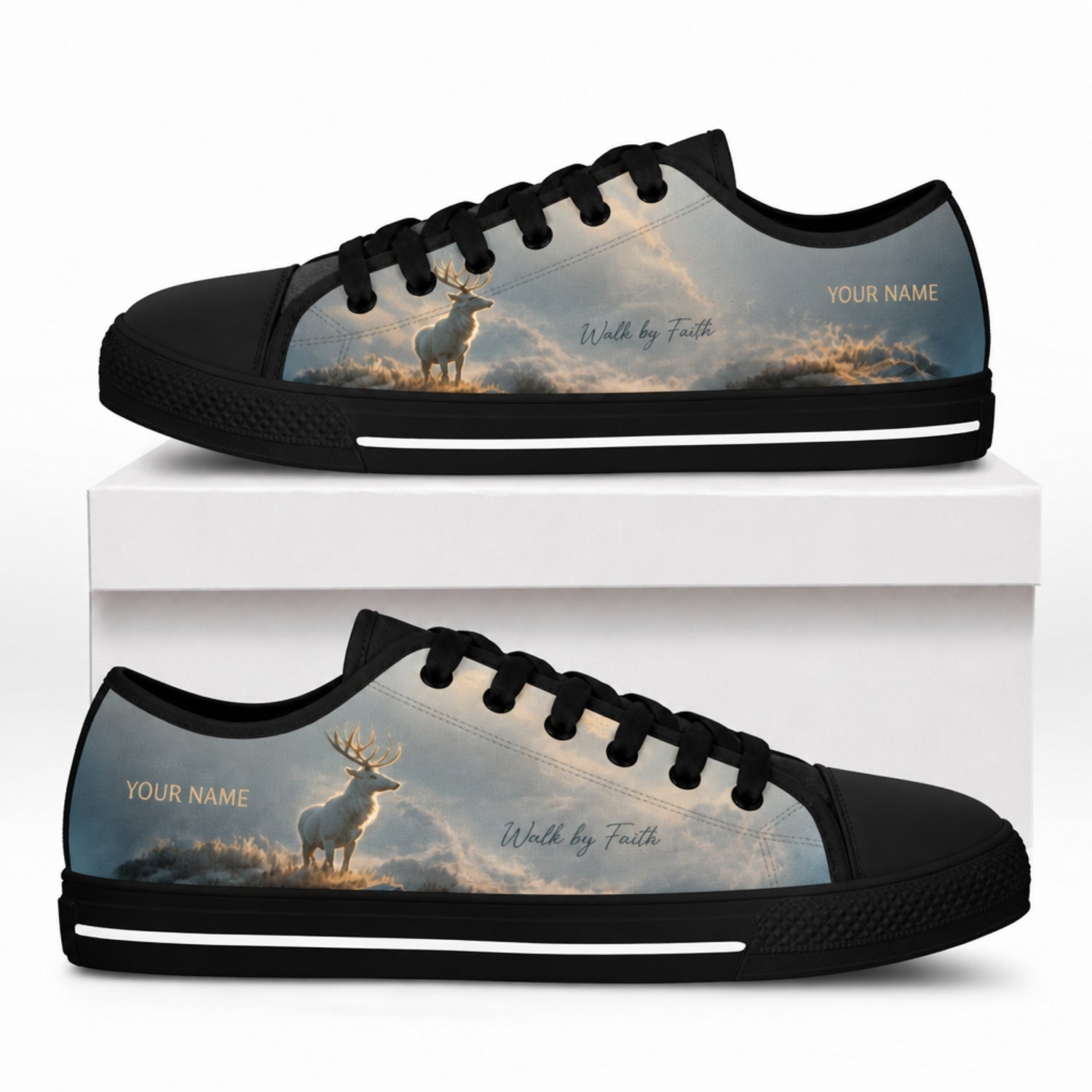 Walk By Faith Deer Rustic Personalized Low Top Shoes box black  