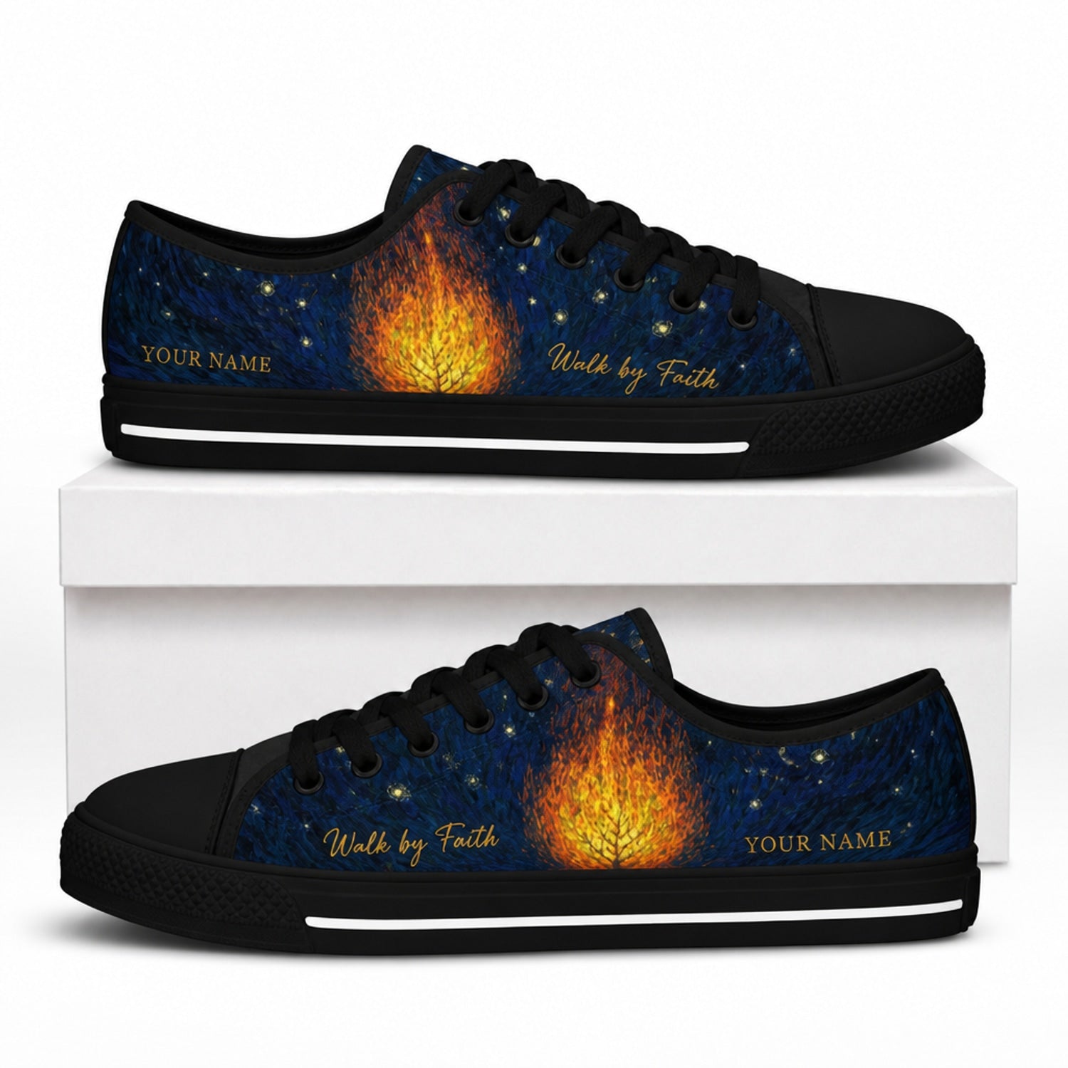 Walk By Faith Flame Artistic Personalized Low Top Shoes box black  