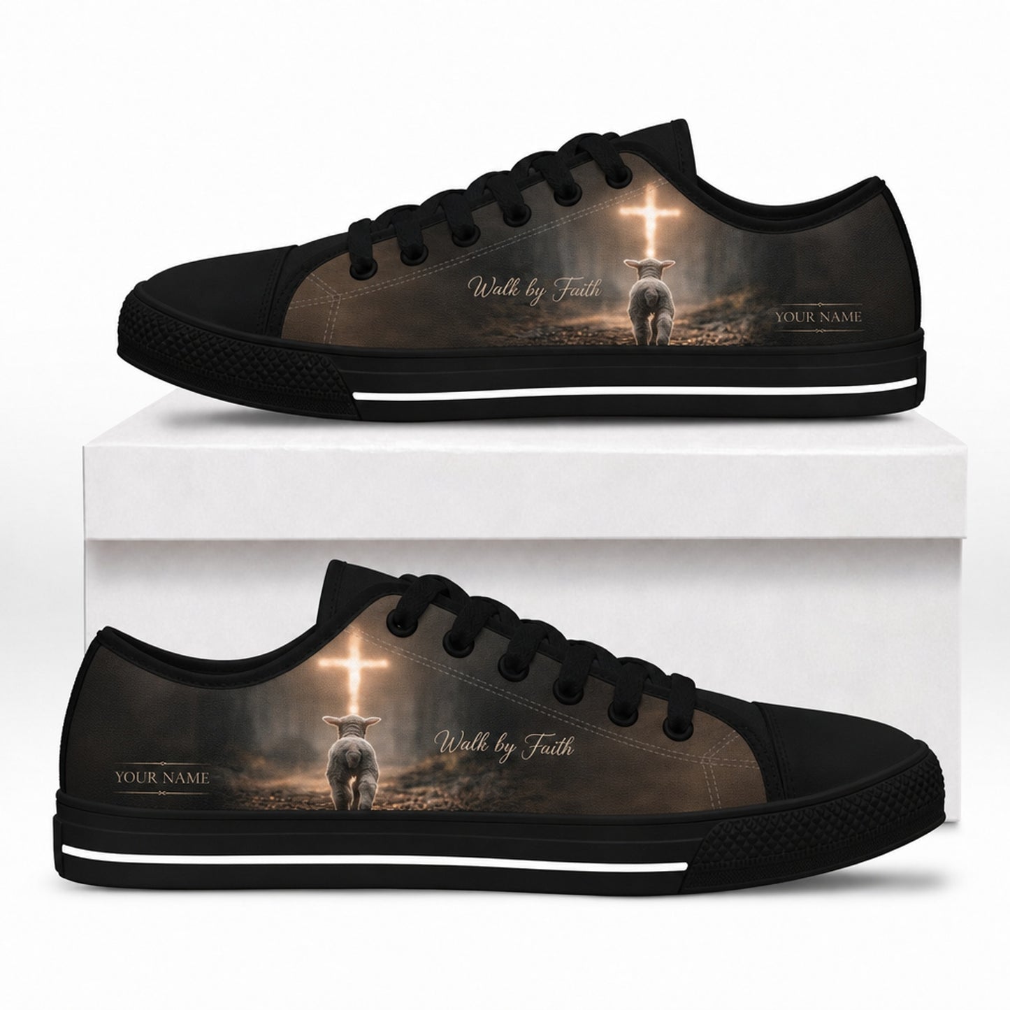 Walk By Faith Lamb Classic Personalized Low Top Shoes box black  