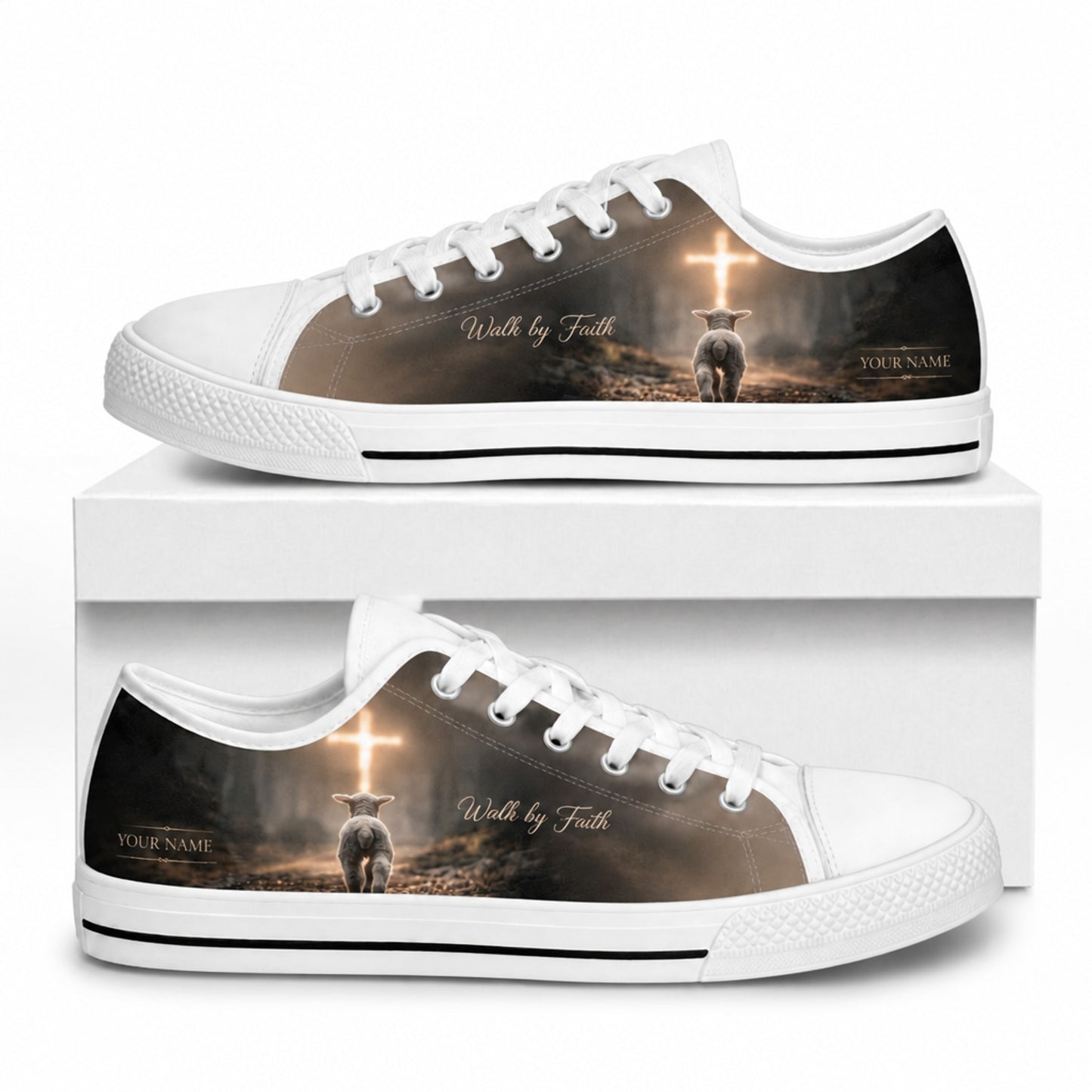 Walk By Faith Lamb Classic Personalized Low Top Shoes box white  