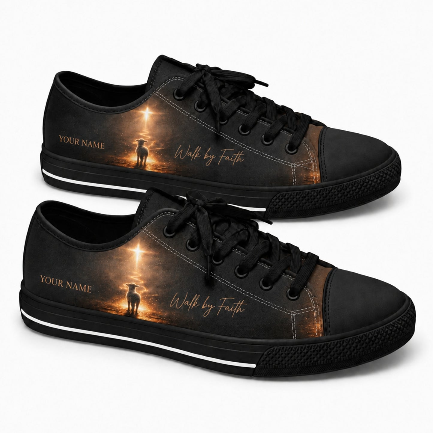 Walk By Faith Lamb Graphic Personalized Low Top Shoes black shoes  