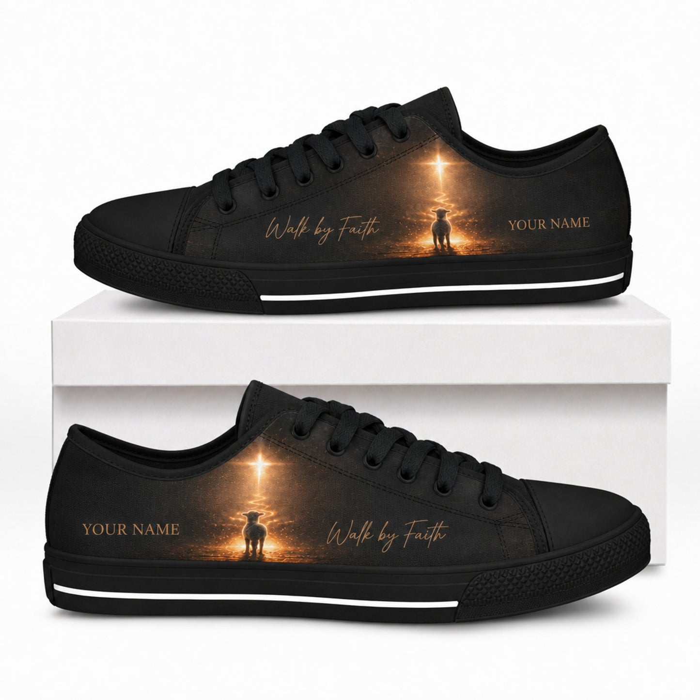 Walk By Faith Lamb Graphic Personalized Low Top Shoes box black  
