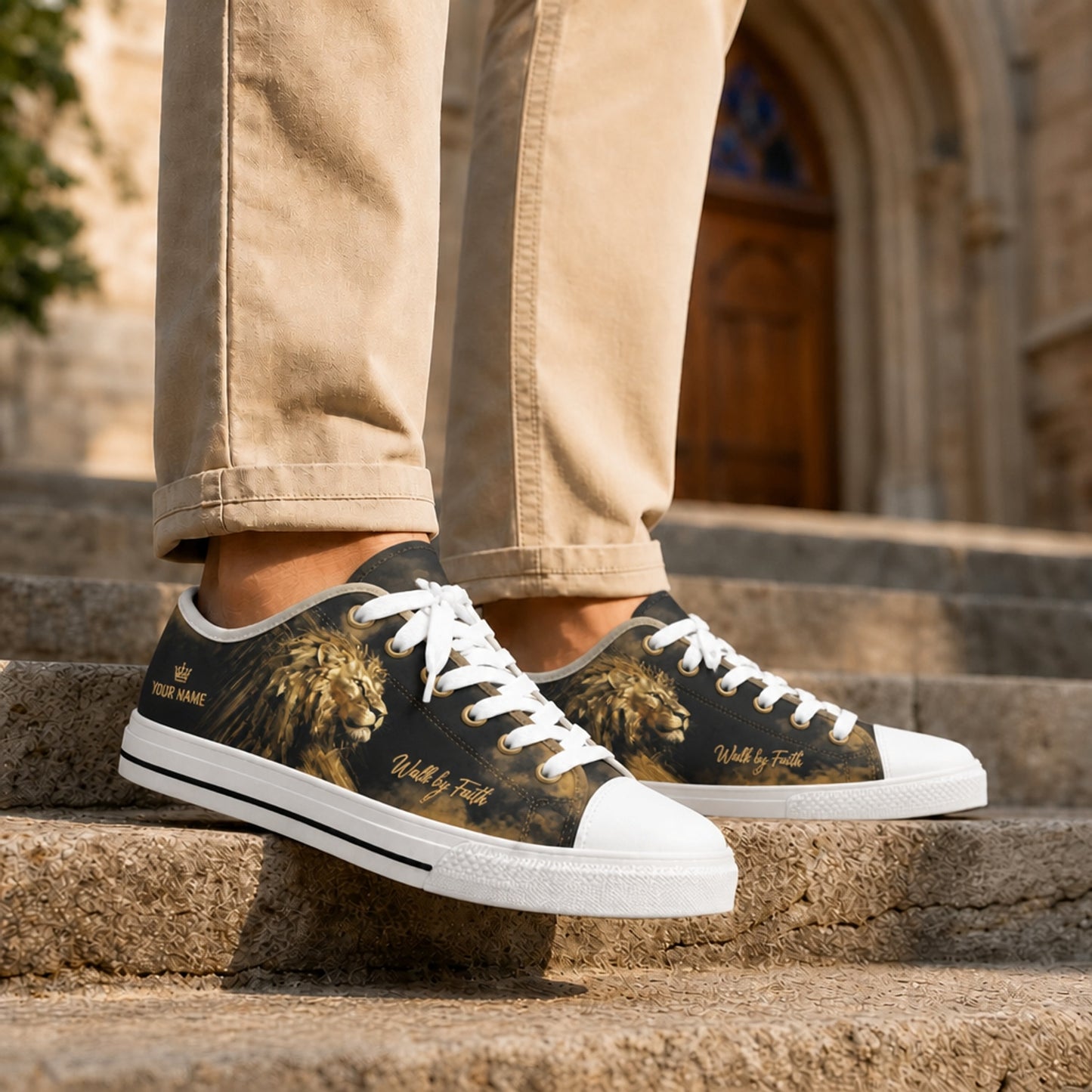Walk By Faith Lion Graphic Canvas Low Top Shoes Life style    