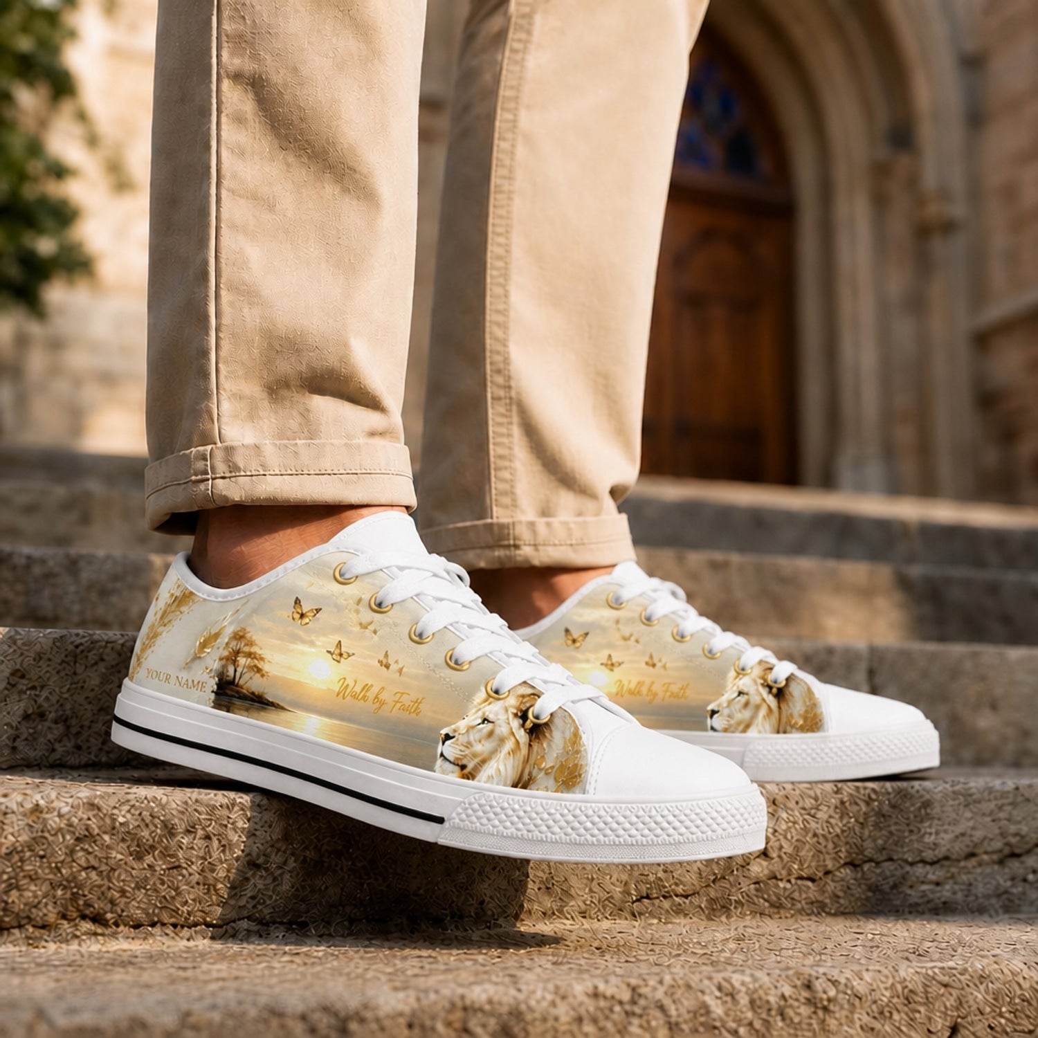 Walk By Faith Lion Graphic Low Top Shoes Life style    