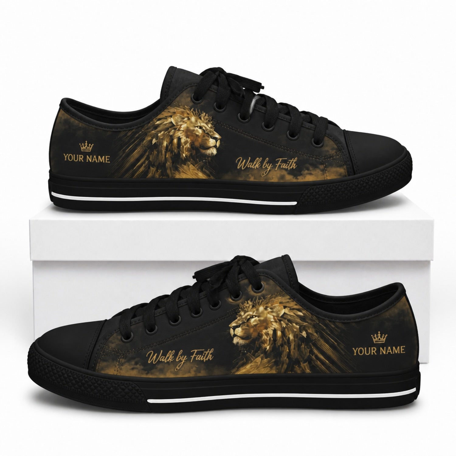 Walk By Faith Lion Graphic Canvas Low Top Shoes box black    