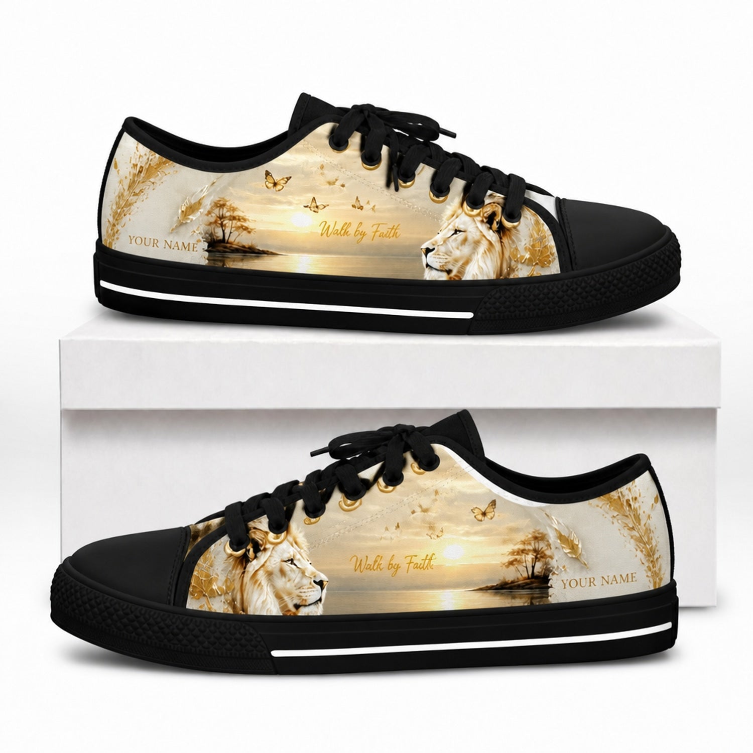 Walk By Faith Lion Graphic Low Top Shoes box black    