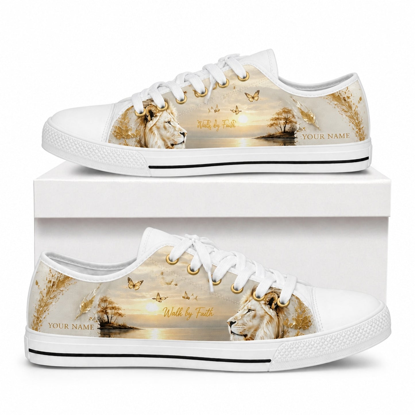 Walk By Faith Lion Graphic Low Top Shoes box white    