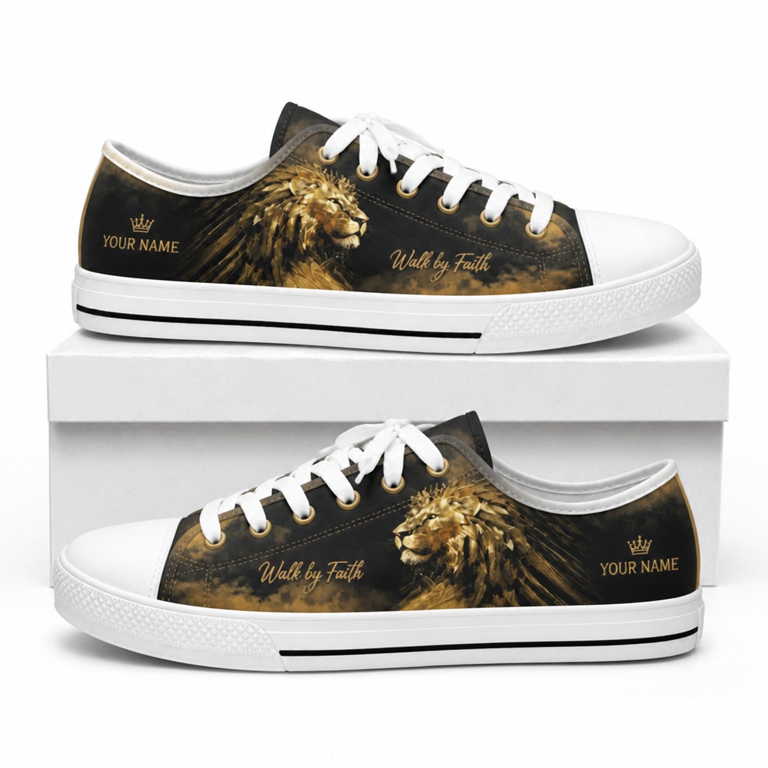 Walk By Faith Lion Graphic Canvas Low Top Shoes box white    