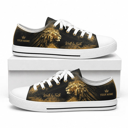 Walk By Faith Lion Graphic Canvas Low Top Shoes box white    