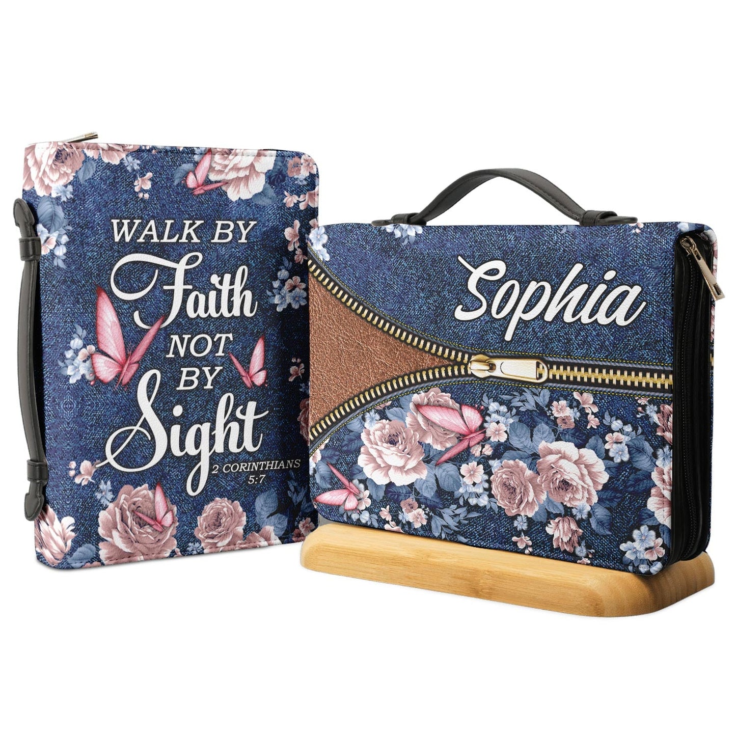 Walk By Faith Not By Sight 2 Corinthians 5 7 Butterfly Denim Style Personalized Bible Cover - Inspirational Bible Covers For Women